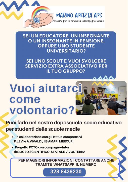 Vuoi fare volontariato? Contattata Marino Aperta. Partono nelle prossime settimane le attività sui fronti della scuola, della musica, del canto e dell’arte!